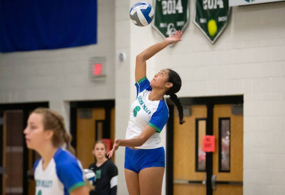 Green Valley’s Ensilina Savelio (6) serves the ball during a volleyball game at Palo Ver ...