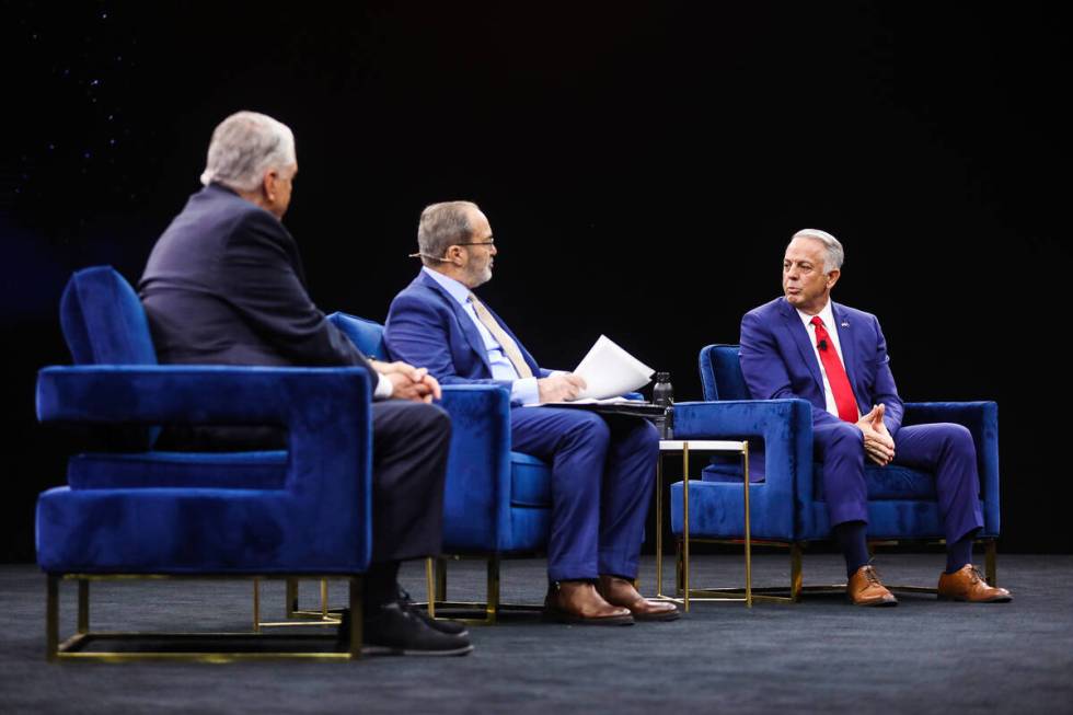 Clark County Sheriff and Republican candidate for governor Joe Lombardo answers a question in a ...