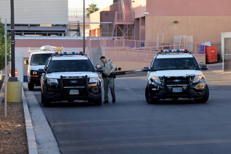 Las Vegas police officers outside Sunrise Hospital and Medical Center in Las Vegas on Thursday, ...