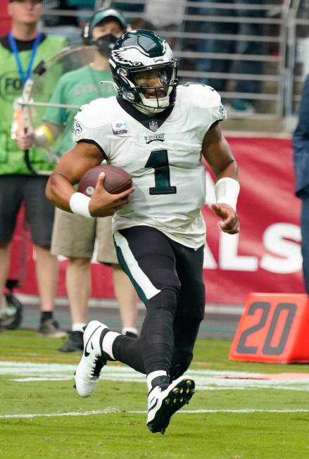 Philadelphia Eagles quarterback Jalen Hurts (1) against the Arizona Cardinals during the first ...