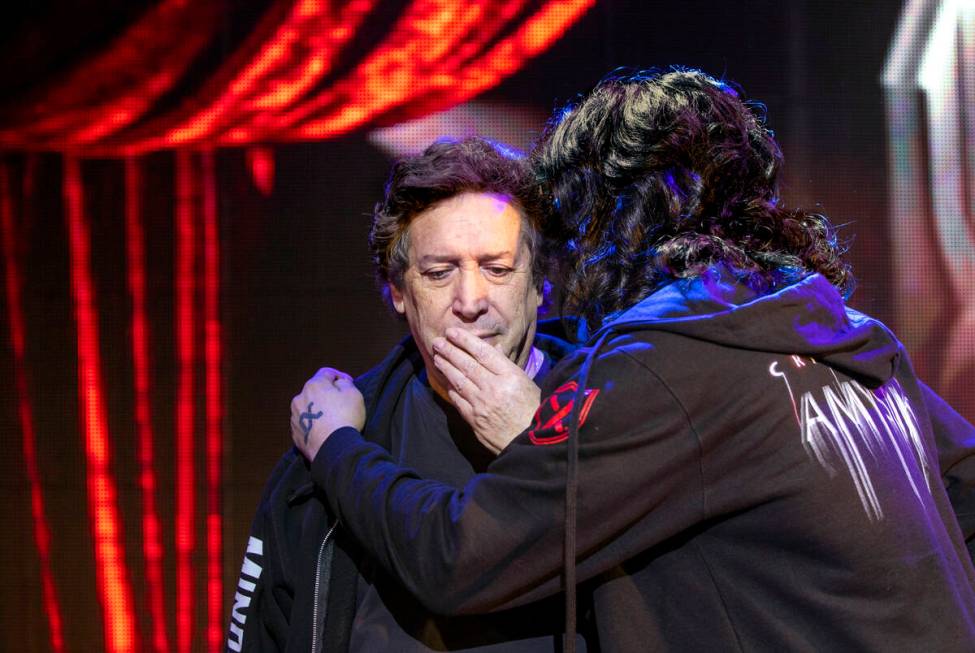 "Amystika" co-creators Franco Dragone, left, and Criss Angel share a private word as they talk ...