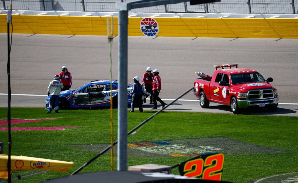 The car of driver Kyle Larson (5) is seen after a wreck with driver Bubba Wallace (45) during t ...