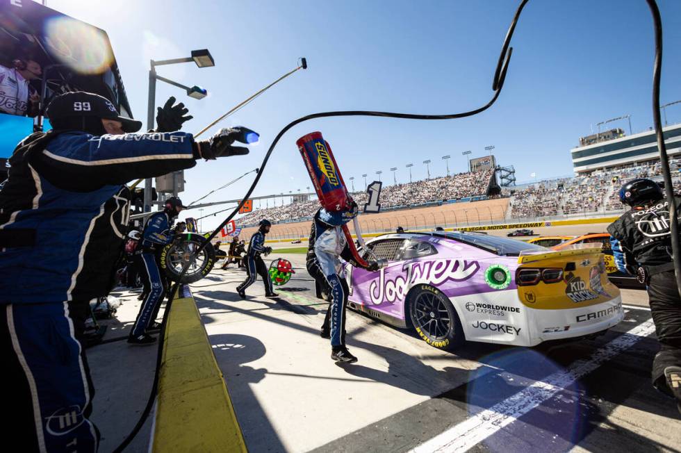 NASCAR Cup Series driver Ross Chastain (1) makes a pit stop during the South Point 400 NASCAR C ...