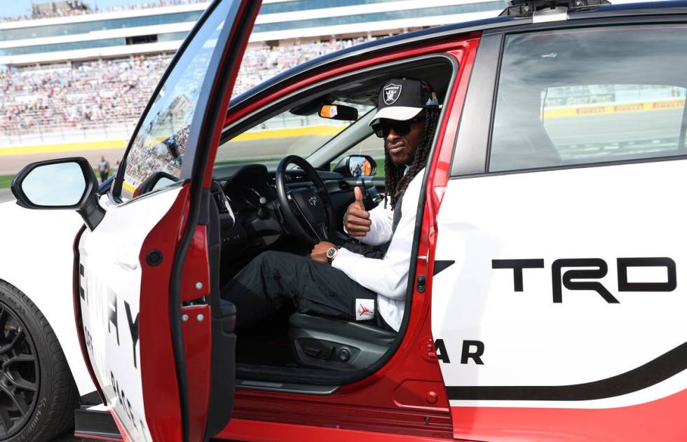 Honorary pace car driver Davante Adams of the Raiders poses for a picture before the start of t ...