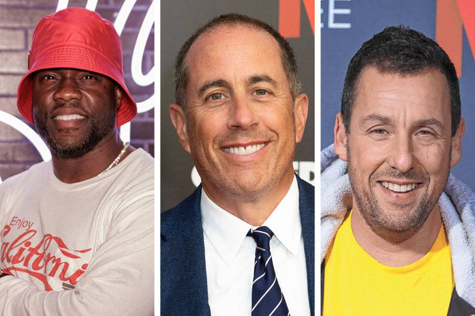 From left, Kevin Hart, Jerry Seinfeld and Adam Sandler have announced Las Vegas performances. ( ...