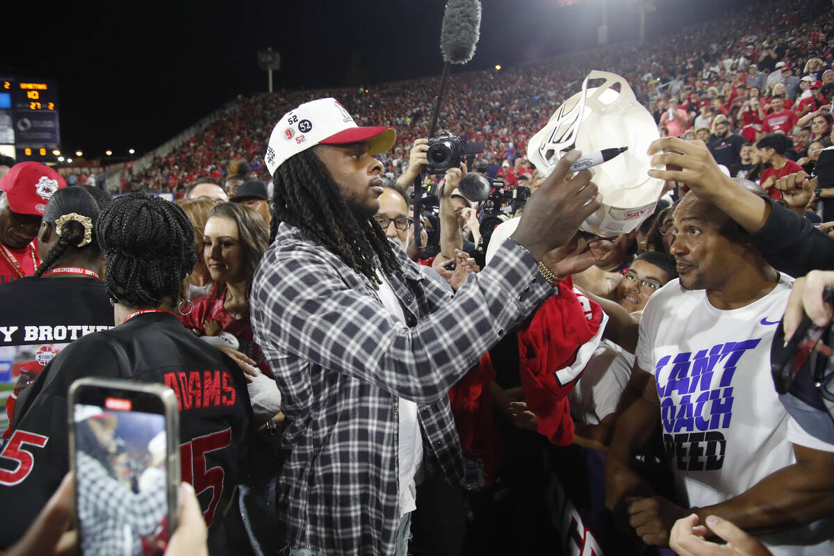 Former Fresno State wide receiver and now Las Vegas Raider, Davante Adams, before his jersey is ...