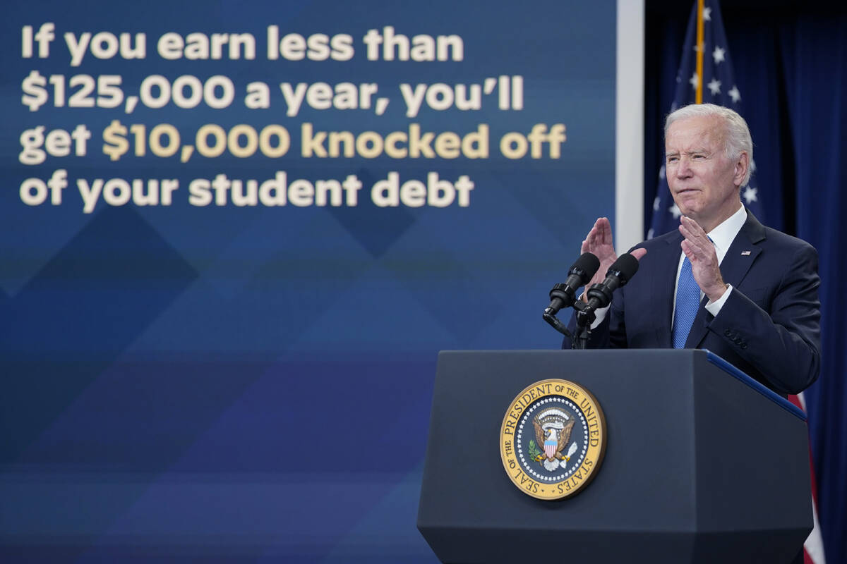 President Joe Biden speaks about the student debt relief portal beta test in the South Court Au ...