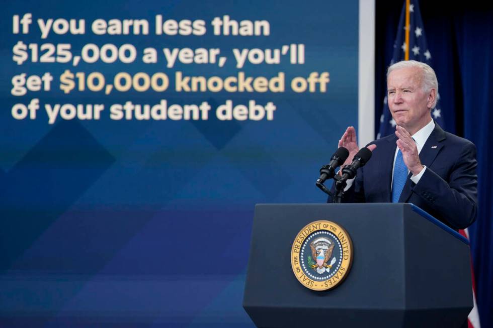 President Joe Biden speaks about the student debt relief portal beta test in the South Court Au ...