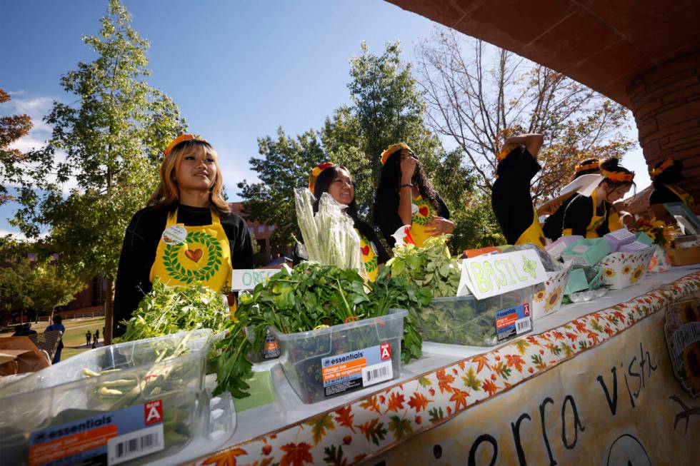 Sierra Vista High School student Cassandra Manreal, 15, left, sells products on Thursday, Oct. ...