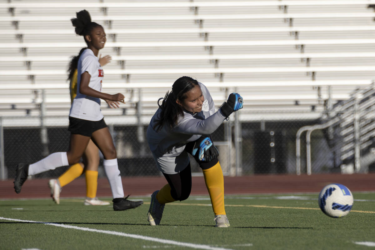 Bonanza goalkeeper Evelyn Montiel tosses the ball back into play during a girls high school soc ...