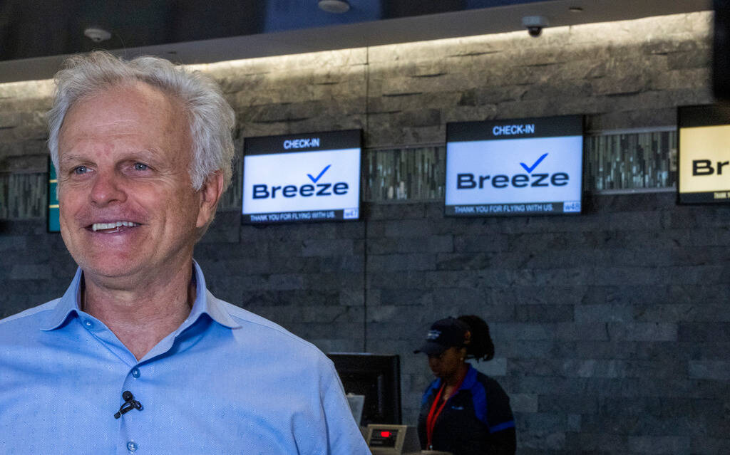 Breeze Airways CEO David Needleman speaks near the ticketing area for the airline's inaugural f ...