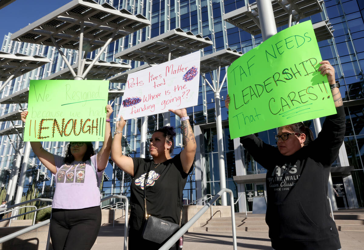 Protesters of The Animal Foundation shelter, including from right, Jessica Esquivel, Kenia Asca ...