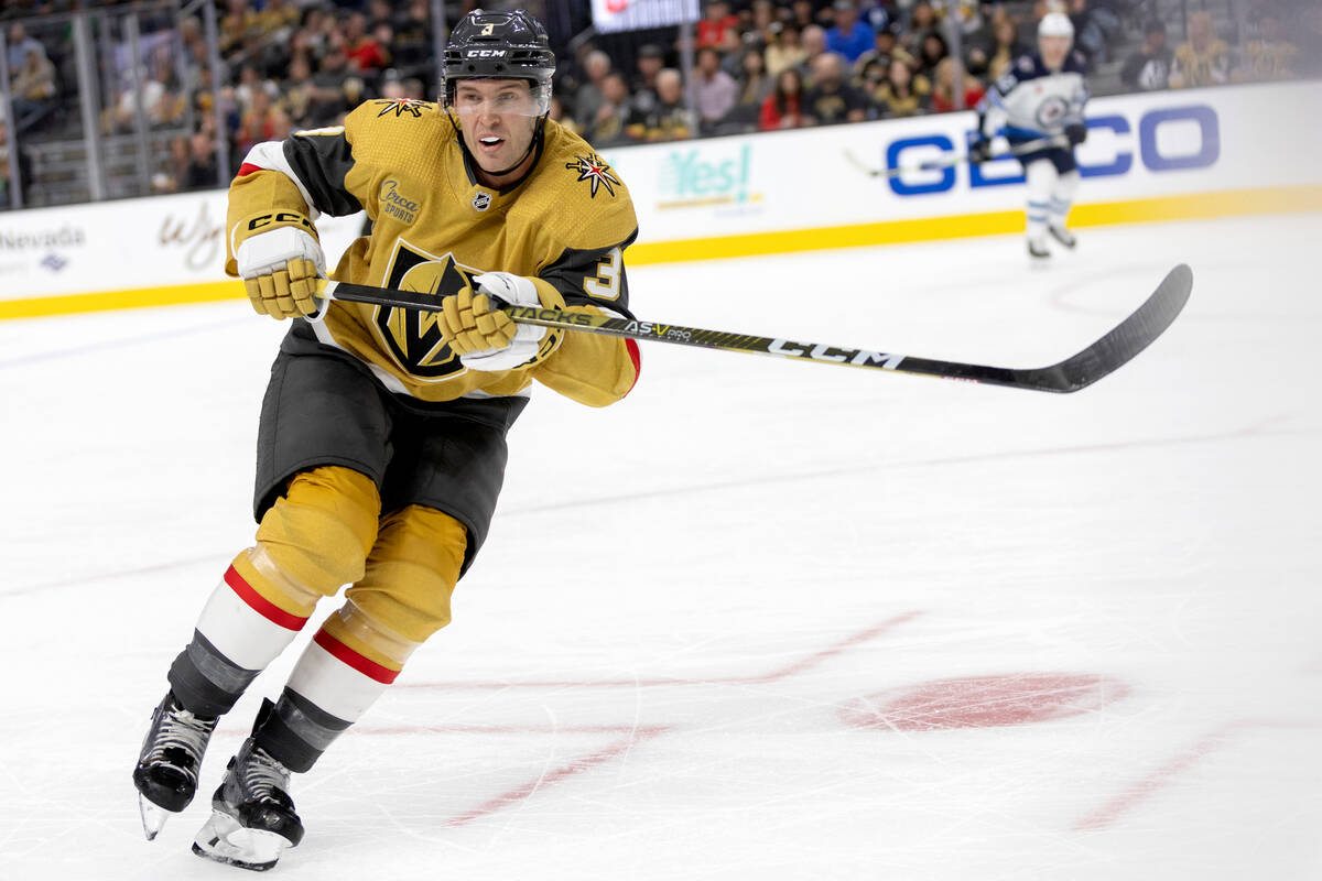 Golden Knights defenseman Brayden McNabb (3) skates to guard against the Jets during the second ...