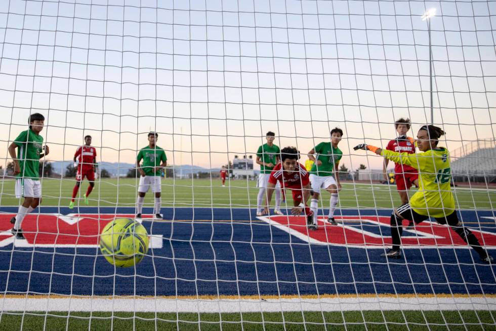 Coronado’s Francisco Avila heads the ball into the net for a goal against Rancho during ...