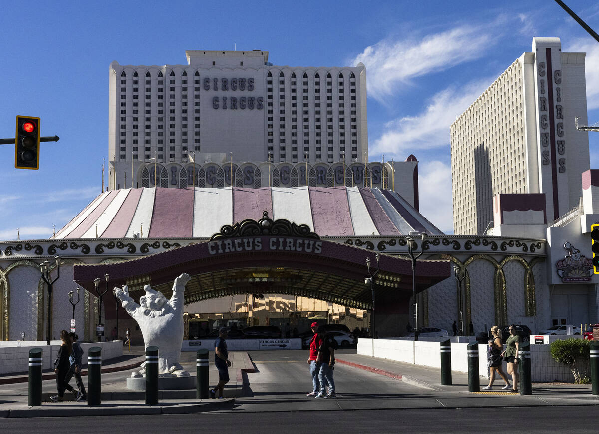 Pedestrians walk past Circus Circus, on Thursday, Oct. 20, 2022, in Las Vegas. (Bizuayehu Tesfa ...