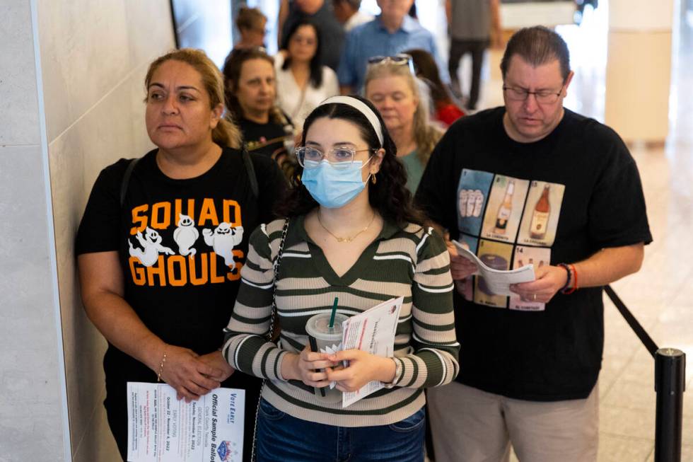 Carla Cervantes, from left, her nice Amira Ezzarhri, 18, and her husband Mike Stock, wait in li ...