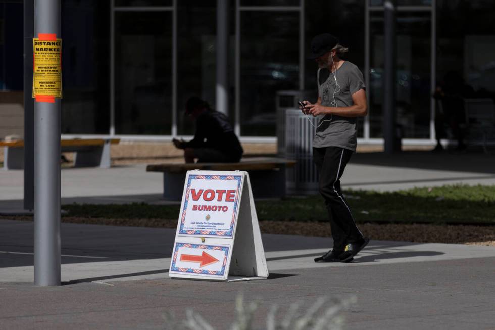 Polling place signage is seen outside of the East Las Vegas Library in Las Vegas, Saturday, Oct ...