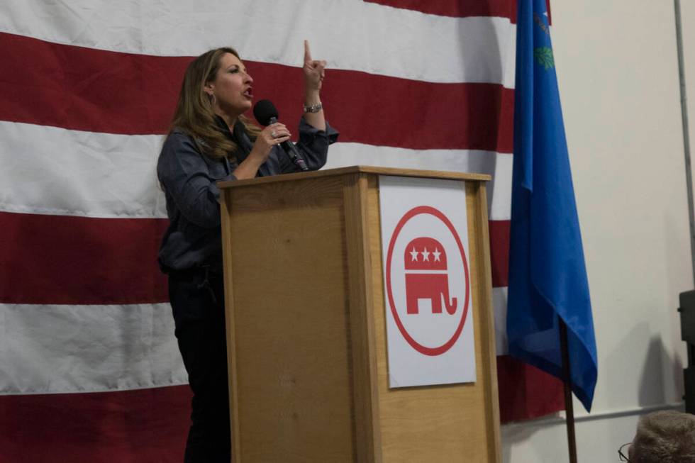 Republican National Committee Chairwoman Ronna McDaniel speaks to a rally in South Reno on Satu ...