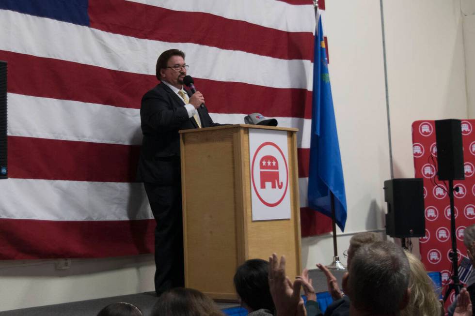 Nevada GOP Chairman Michael J. McDonald speaks to a rally in South Reno on Saturday, Oct. 22, 2 ...