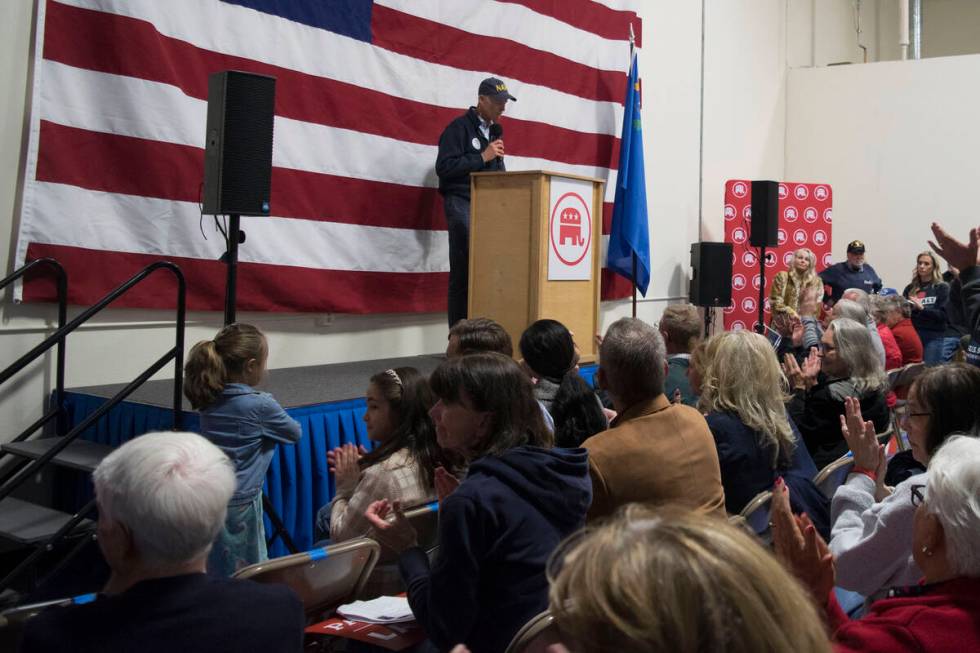 Florida Sen. Rick Scott, National Republican Senatorial Committee member, speaks to a rally in ...