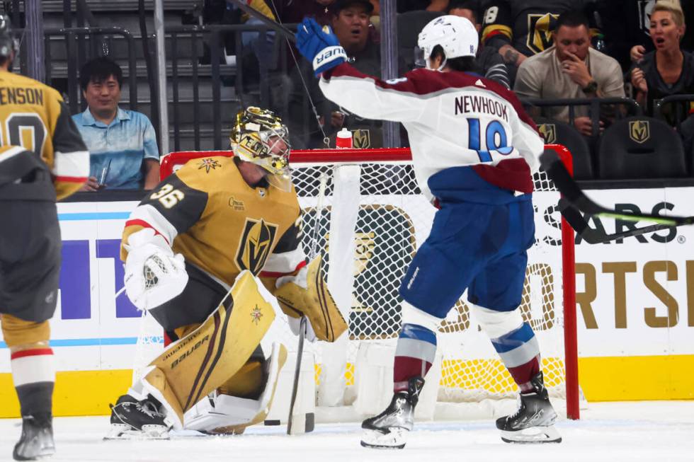 Vegas Golden Knights goaltender Logan Thompson (36) gives up a goal to Colorado Avalanche cente ...