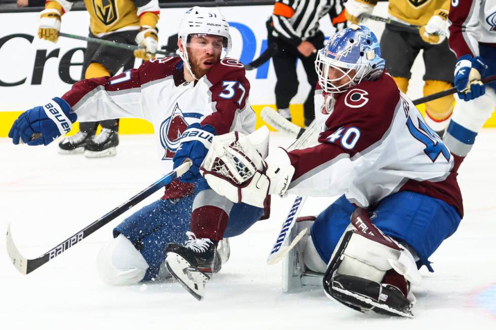 Colorado Avalanche goaltender Alexandar Georgiev (40) makes a save against the Vegas Golden Kni ...