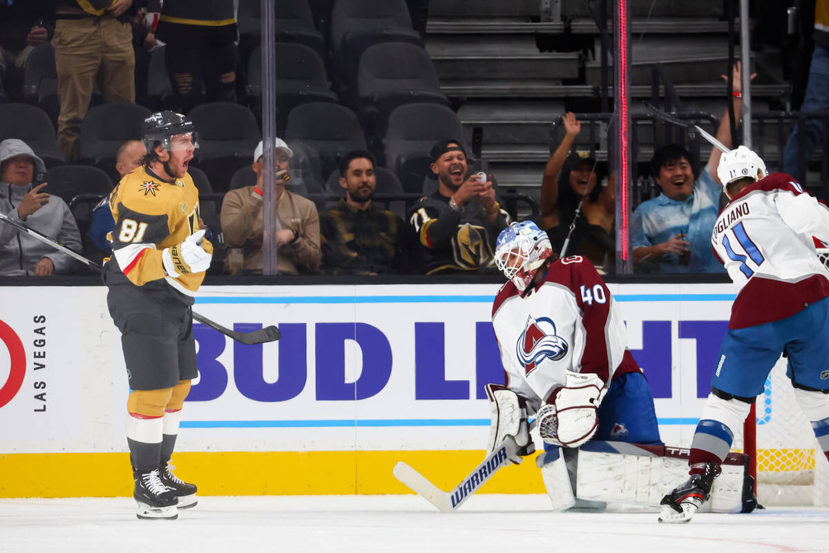 Vegas Golden Knights center Jonathan Marchessault (81) celebrates after scoring against Colorad ...