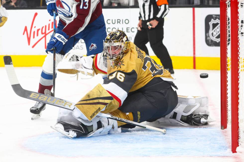 Vegas Golden Knights goaltender Logan Thompson gives up a goal to Colorado Avalanche center Nat ...