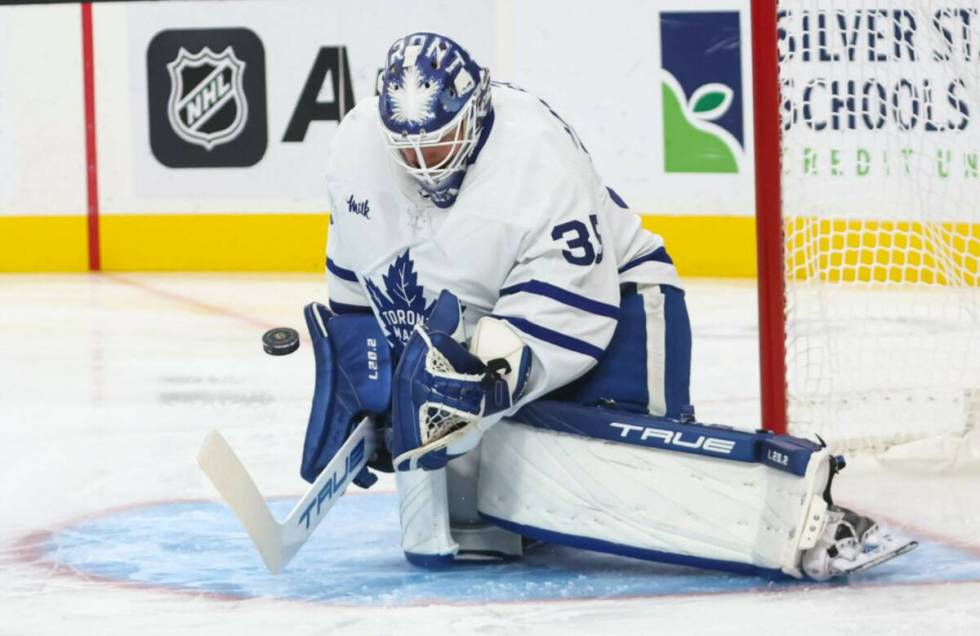 Toronto Maple Leafs goaltender Ilya Samsonov (35) blocks a shot from the Vegas Golden Knights d ...