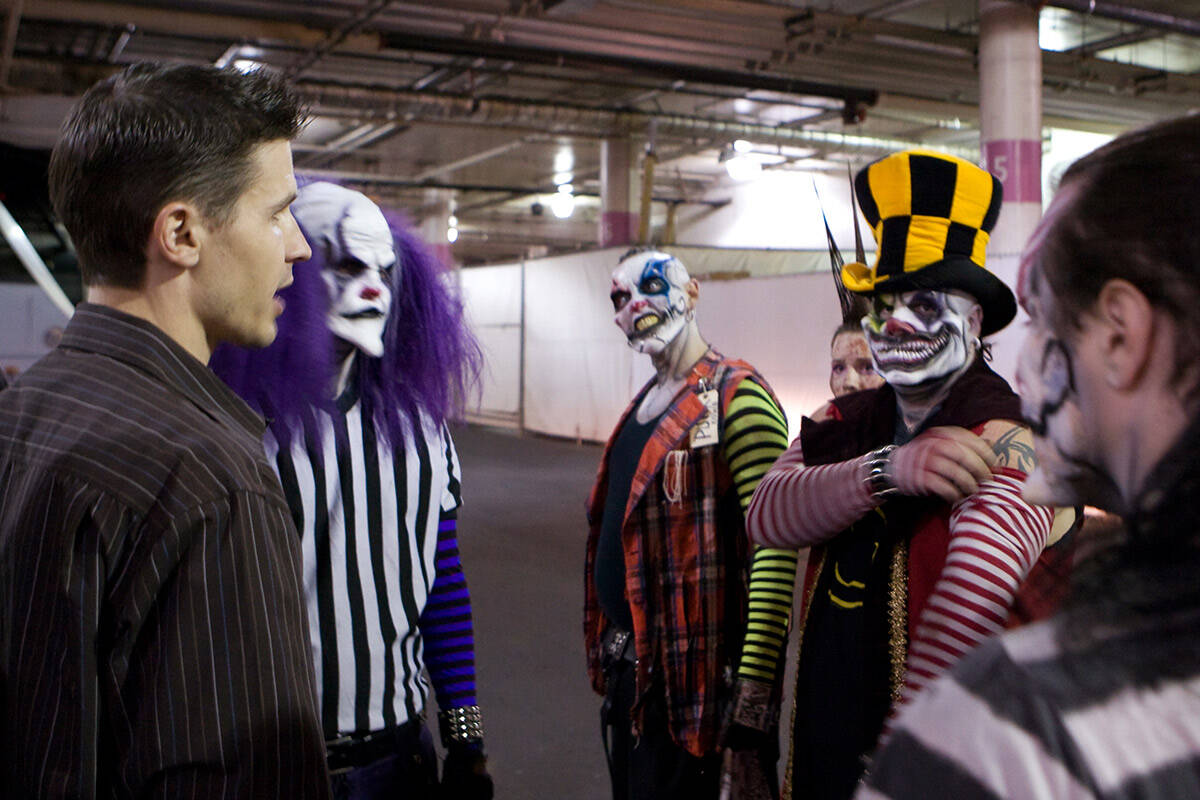 Jason Egan talks to his actors before the opening of the Fright Dome at Circus Circus hotel-cas ...