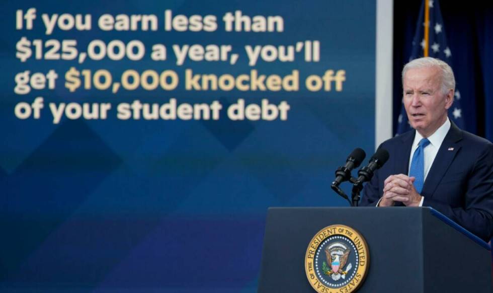 President Joe Biden speaks about the student debt relief portal beta test in the South Court Au ...