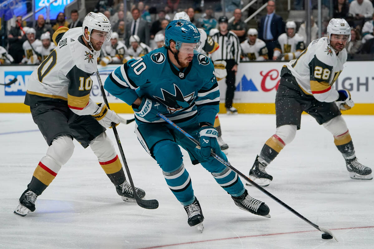 San Jose Sharks left wing Evgeny Svechnikov (10) looks to pass against the Vegas Golden Knights ...