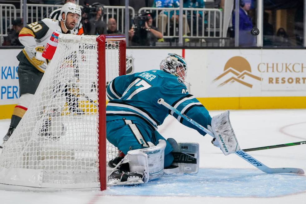 San Jose Sharks goaltender James Reimer (47) deflects a shot against the Vegas Golden Knights d ...