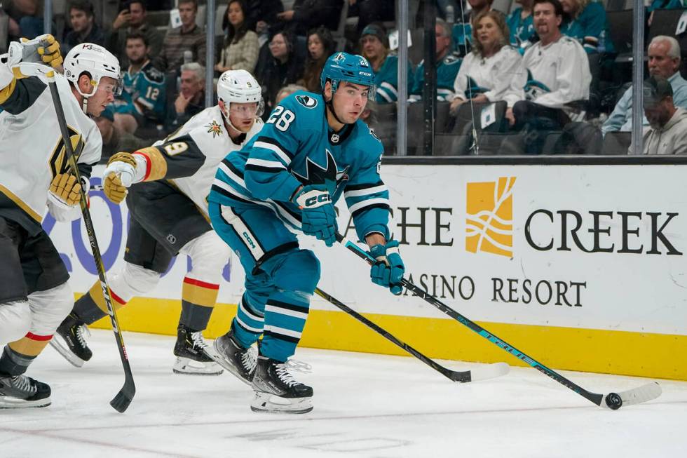 San Jose Sharks right wing Timo Meier (28) passes the puck during the first period of an NHL ho ...