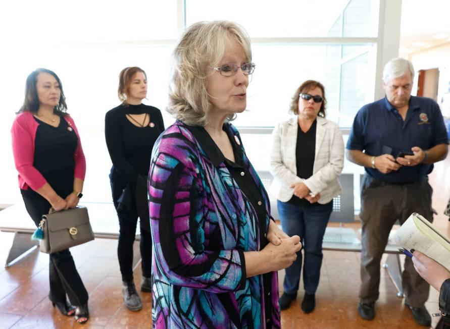 Robert Telles' former co-worker Rita Reid addresses the media outside the courtroom after atten ...