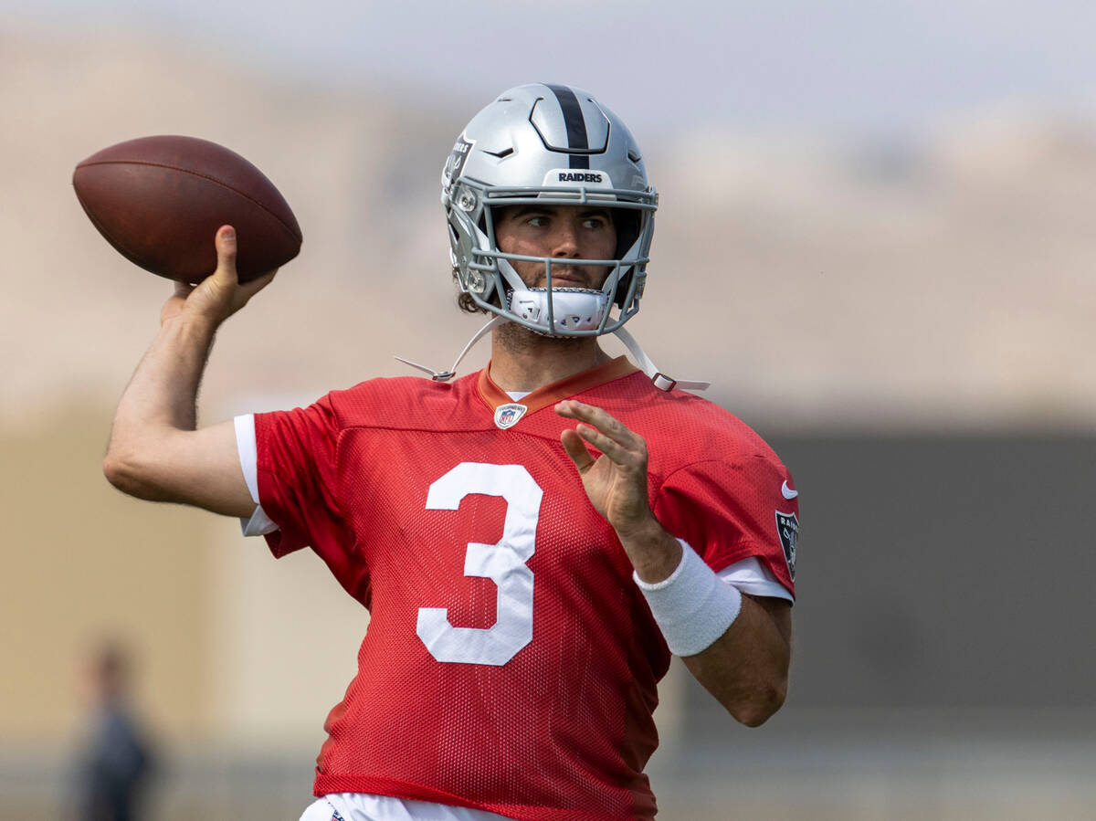 Raiders quarterback Jarrett Stidham (9) prepares to throw during practice at the Intermountain ...