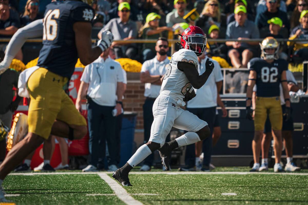 UNLV running back Courtney Reese carries against Notre Dame on Saturday, Oct. 22, 2022, in Sout ...