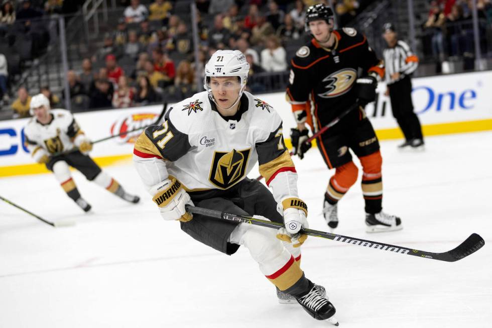 Golden Knights center William Karlsson (71) anticipates a pass during the third period of an NH ...