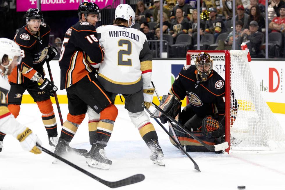 Golden Knights center Jonathan Marchessault (81) takes a shot on goal while Ducks goaltender An ...