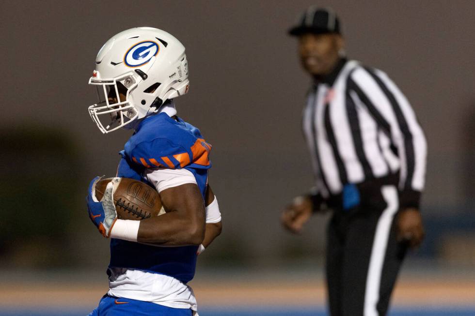 Bishop Gorman’s DeVon Rice (3) moseys into the end zone during a high school football ga ...