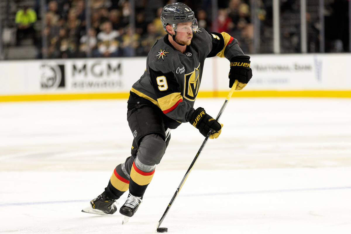 Vegas Golden Knights center Jack Eichel (9) prepares to shoot during the second period in an NH ...