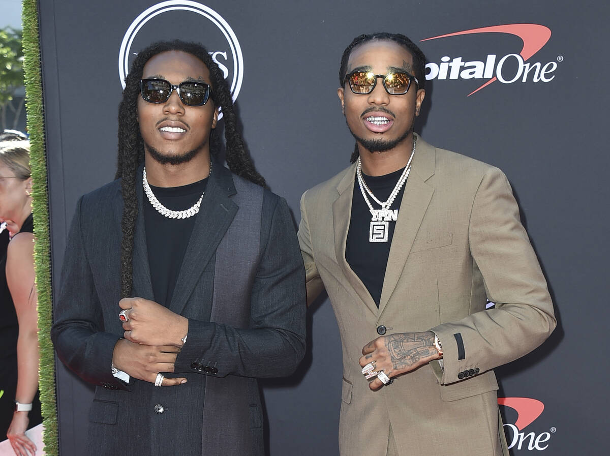 Takeoff, left, and Quavo, of Migos, arrive at the ESPY Awards in Los Angeles on July 10, 2019. ...