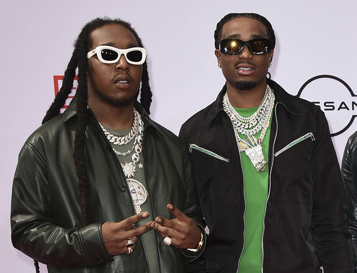 Takeoff, left, and Quavo of Migos, arrive at the BET Awards in Los Angeles on June 27, 2021. Ho ...
