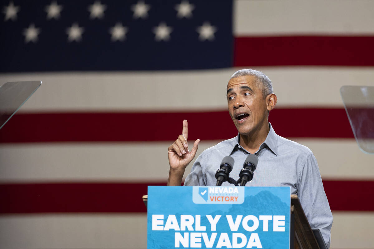 Former President Barack Obama speaks during a campaign rally organized by Nevada Democratic Vic ...