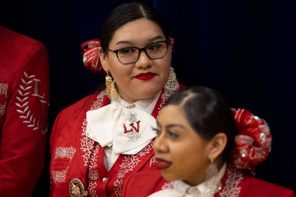 Members of the Las Vegas High School student mariachi get ready to perform during a Nevada Demo ...