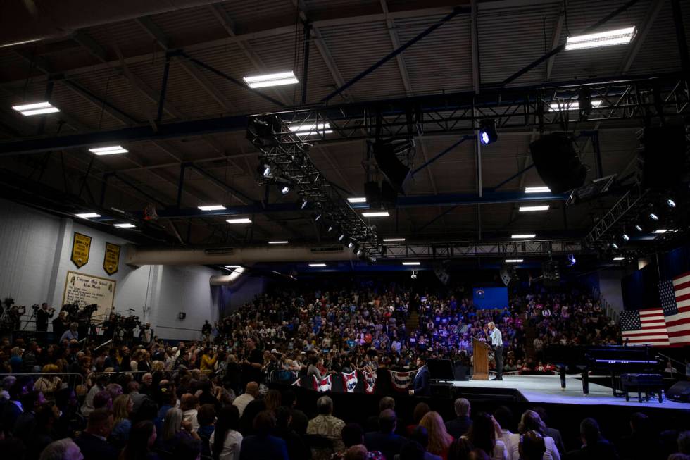 Former President Barack Obama speaks during a campaign rally organized by Nevada Democratic Vic ...