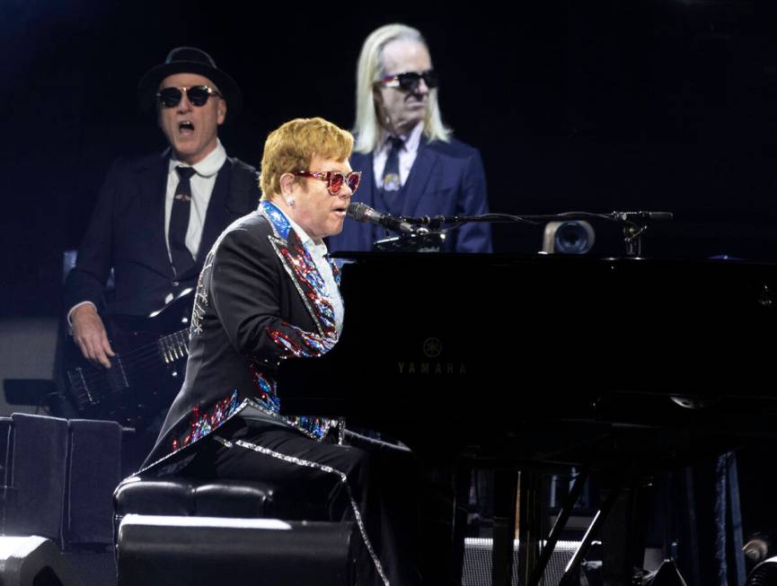 Elton John performs during his ''Farewell Yellow Brick Road,'' final tour at Allegiant Stadium, ...