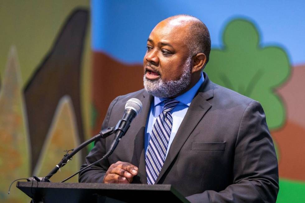 Jason Frierson speaks at Fay Herron Elementary School on Monday, June 7, 2021, in North Las Veg ...