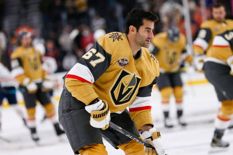 Golden Knights left wing Max Pacioretty warms up before a game against the Edmonton Oilers Satu ...