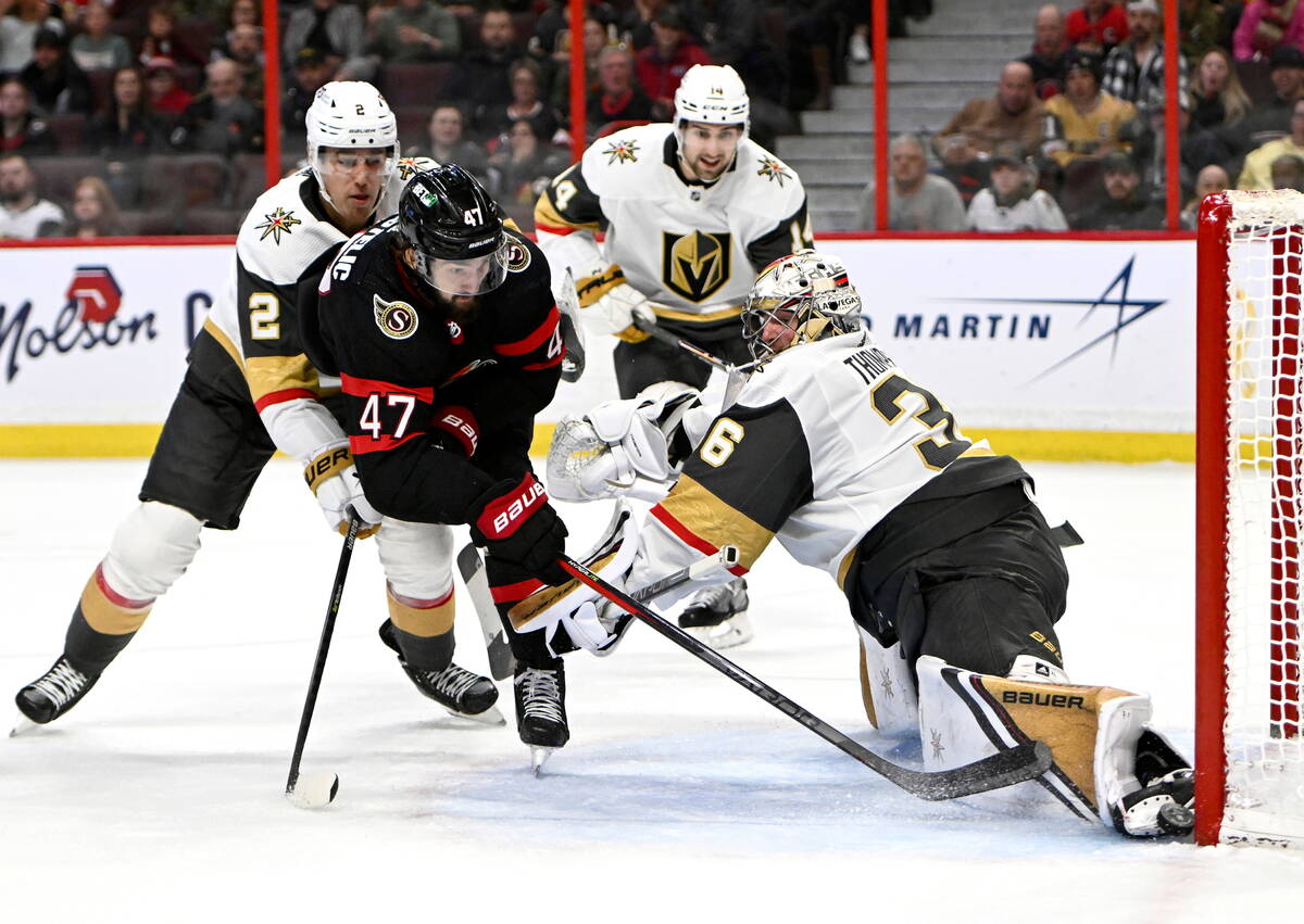 Ottawa Senators center Mark Kastelic (47) looks for a rebound as Vegas Golden Knights goaltende ...